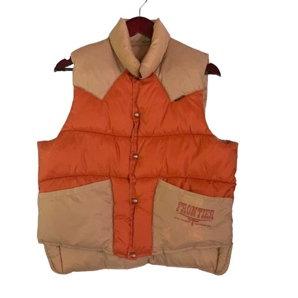 Vintage 70s Frontier Vegas Red Head Puffer Vest M FLAWED Tan Orange Reversible
